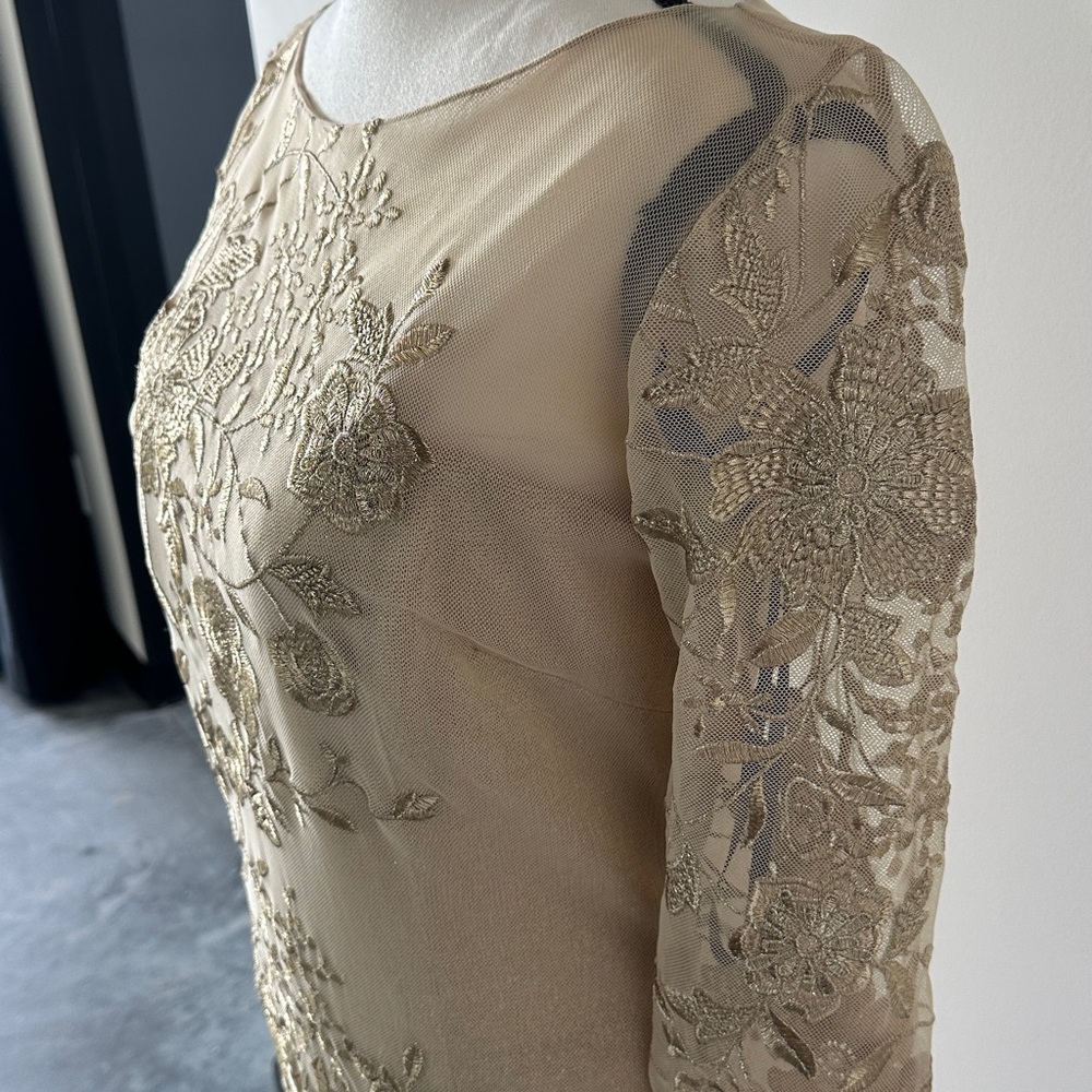 David Meister Champagne Beaded Floral Long-Sleeve Dress Size 6 - Picture 5 of 13